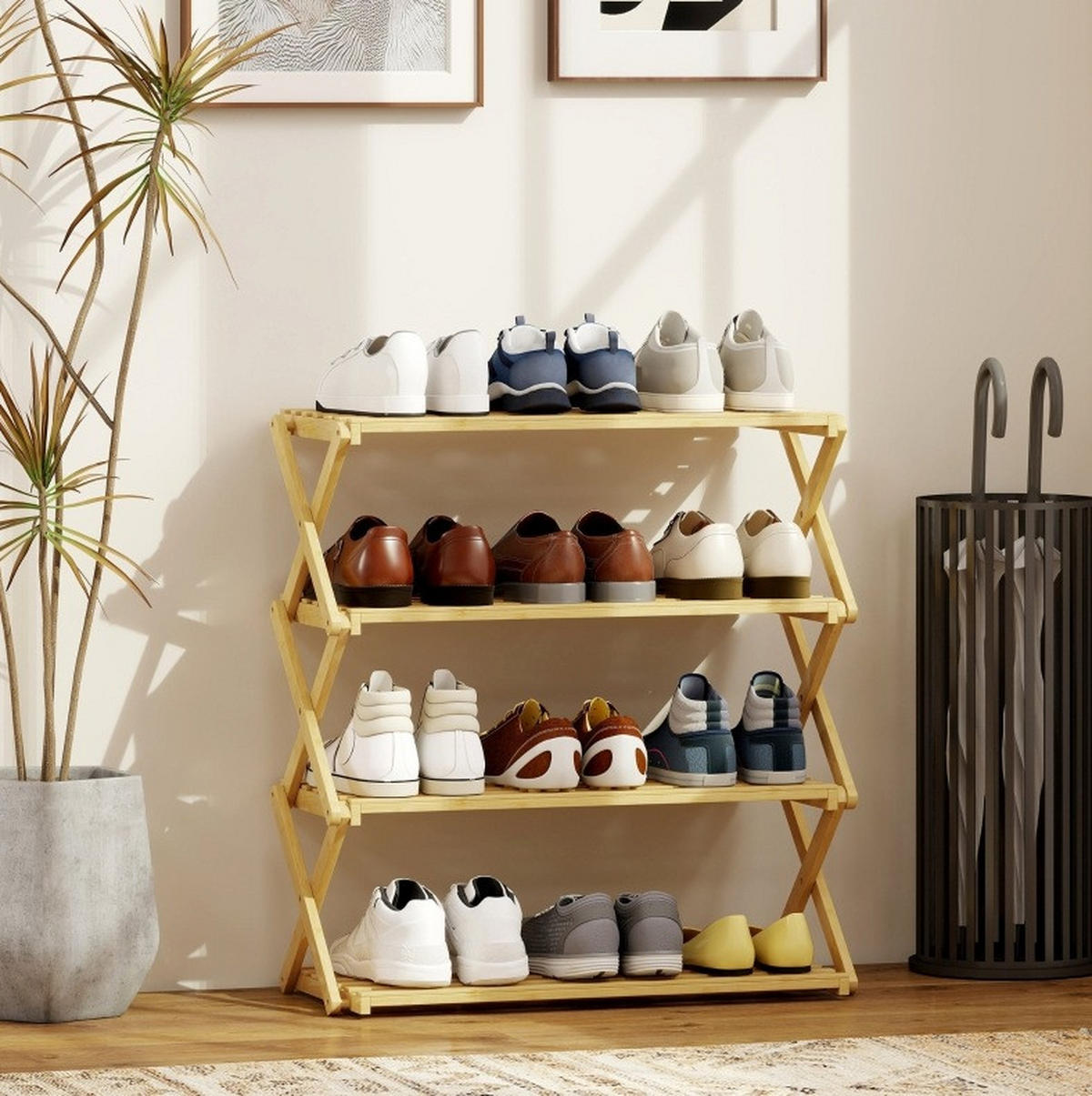 SCHUHREGAL 60/29/67 cm aus Bambus, faltbar mit 4 Ebenen - Naturfarben, Naturmaterialien (60/67/29cm) - Flora Grace