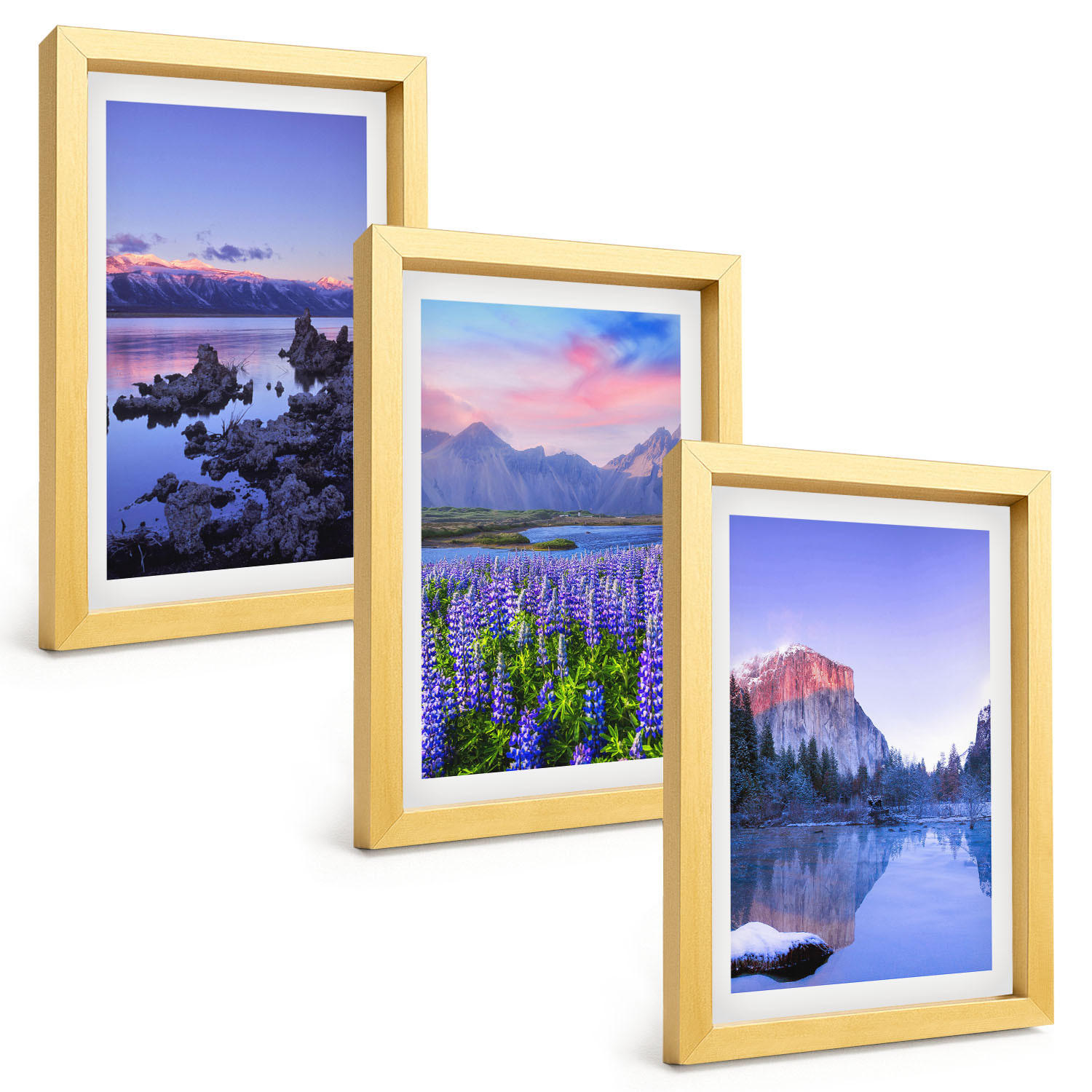 BILDER SET 3er Set - 20x30 cm Goldrahmen - Berglandschaften mit Wasser und Himmel - Goldfarben, Kunststoff (20/30cm) - TULUP