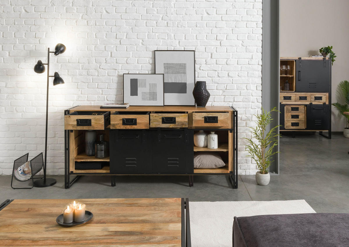 SIDEBOARD Mango 195x45x90 natur klar lackiert / Metall schwarz BLACKBURN #109 - Braun, Holz (195/90/45cm) - Massivmoebel24