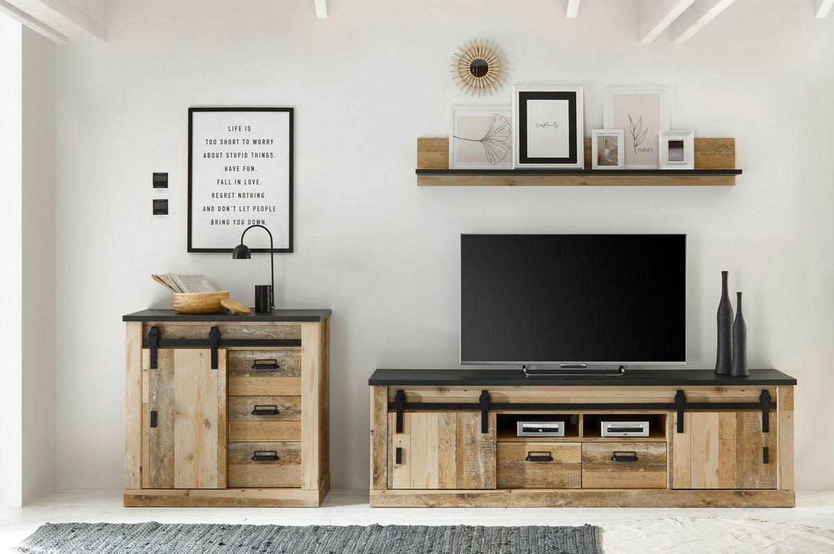 WOHNWAND Used Wood hell, anthrazit 3-teilig 314 cm, Schrankwand mit Soft-Close - Anthrazit/Schwarz, Holzwerkstoff/Metall (314/180/43cm) - Furn.Design