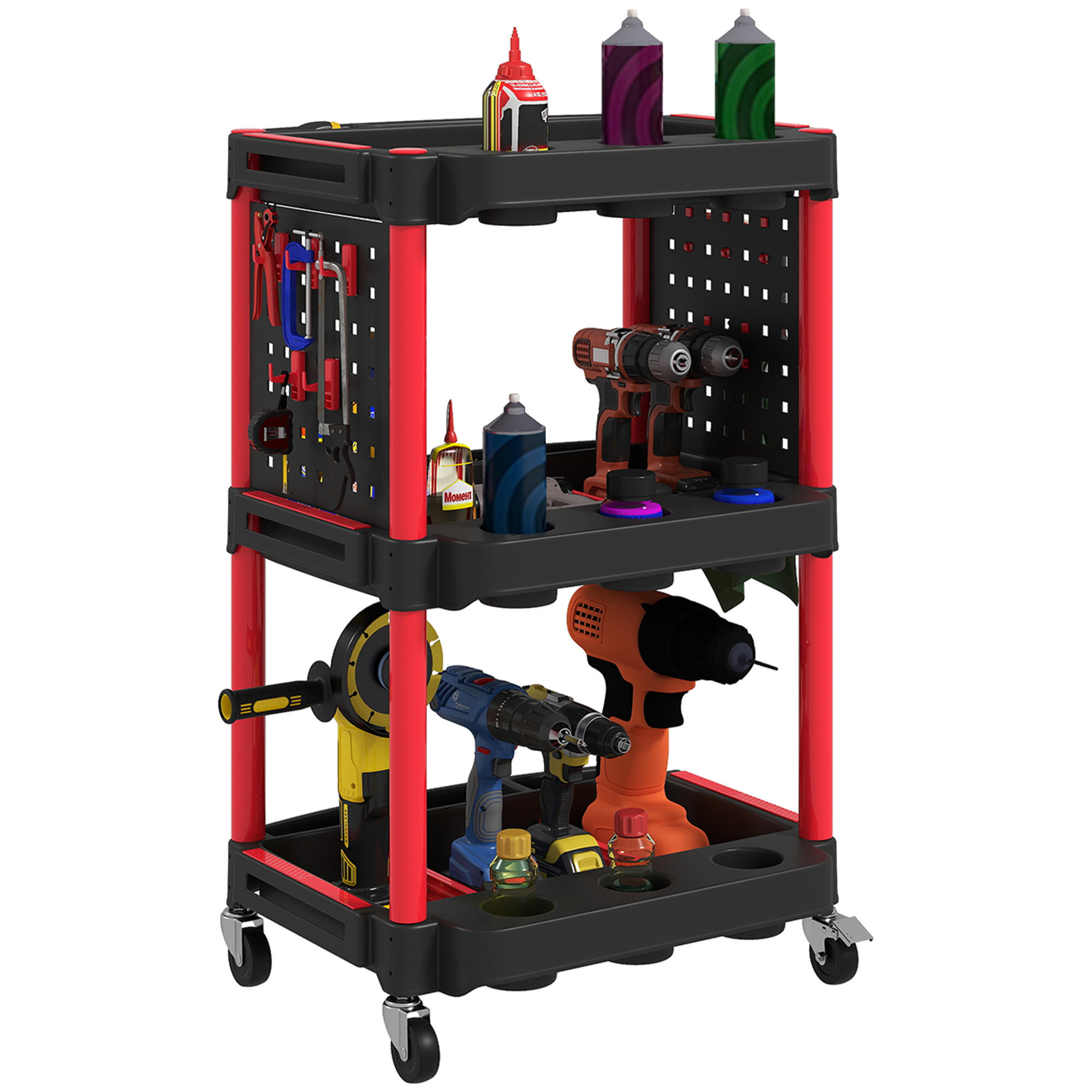 WERKZEUGWAGEN DE-09498 3 Regale mit 10 Haken Rot - Rot, Kunststoff (47.5/89/56.5cm) - ComfortXL
