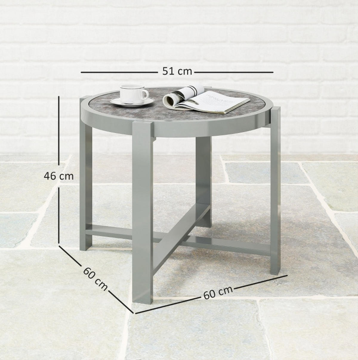 BALKONTISCH 60/60/46 cm wetterfest mit 5 mm Hartglasplatte und Aluminiumgestell, Grau - Naturfarben, Metall (60/60/46cm) - Redom