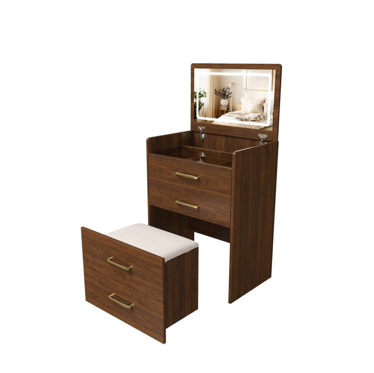 SCHMINKTISCH aus MDF 40x60x118 cm Walnussfarben mit klappbarem Spiegel, Stauraum und Hocker - Weiß, Holzwerkstoff (60/118/40cm) - Modfu