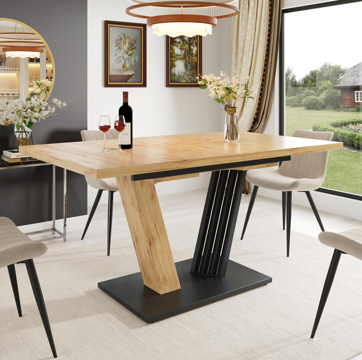 AUSZIEHTISCH aus MDF und Metall 120(160)x80x76 cm Holzoptik mit höhenverstellbaren Füßen und flügelförmigen Beinen - Naturfarben, Holzwerkstoff (120/80/76cm) - Modfu