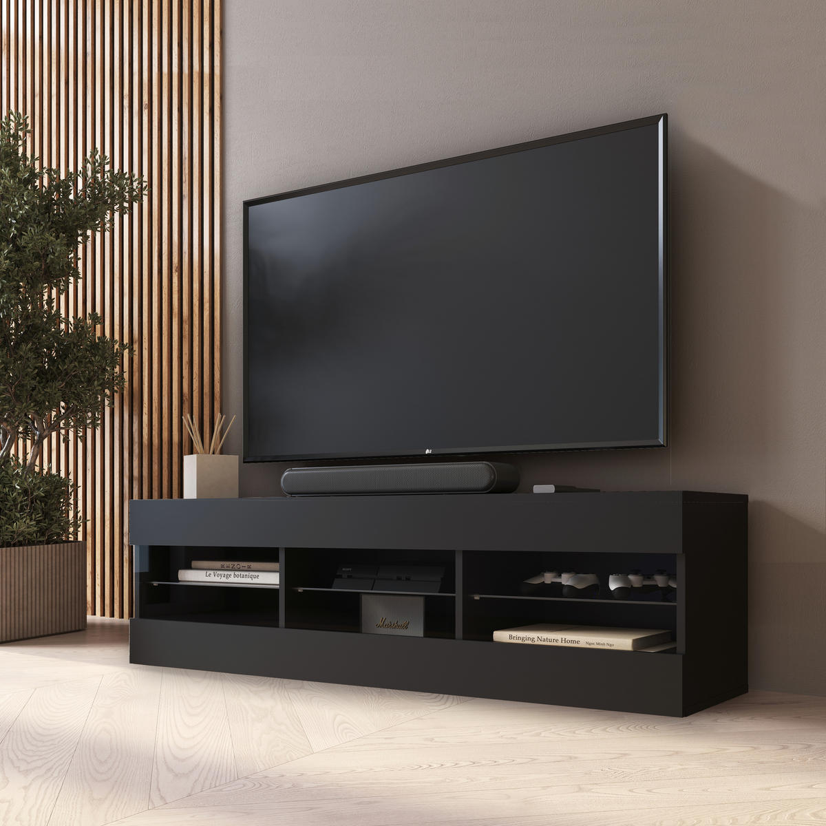 LOWBOARD TIVOLI RTV 140, Schwarz - Schwarz, Glas/Holzwerkstoff (140/40.5/35.5cm) - Komodee