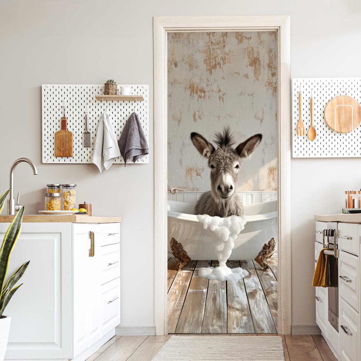TÜRAUFKLEBER Selbstklebend - Esel - Tier - Vintage - Badewanne 95x235 cm - Türtapete - Eukalyptusholzfarben, Kunststoff (95/0.1cm) - MuchoWow
