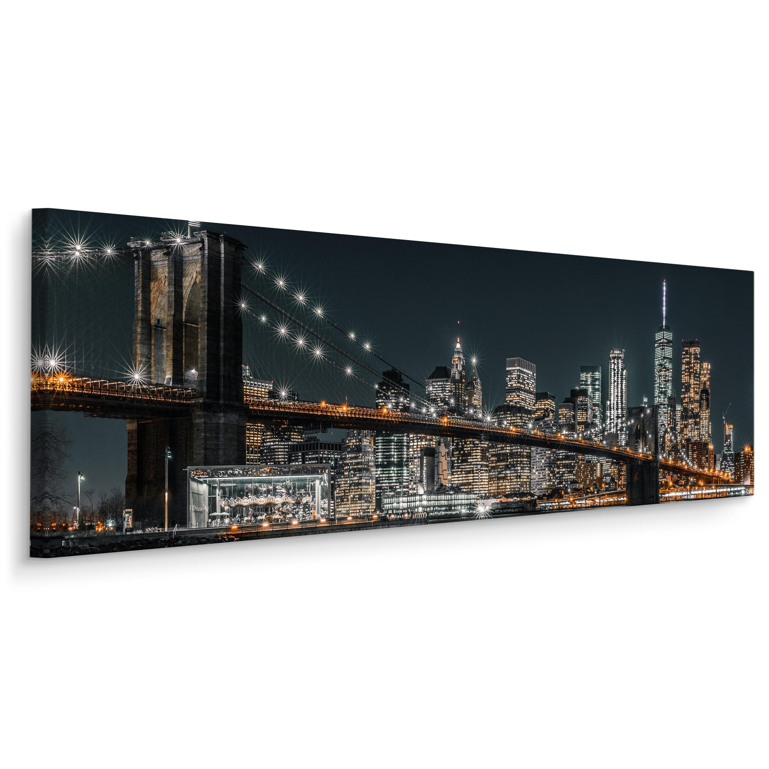 PANORAMABILD New York bei Nacht Architektur 3D 145x45cm - Blau/Beige, Textil (145/45cm) - Muralo