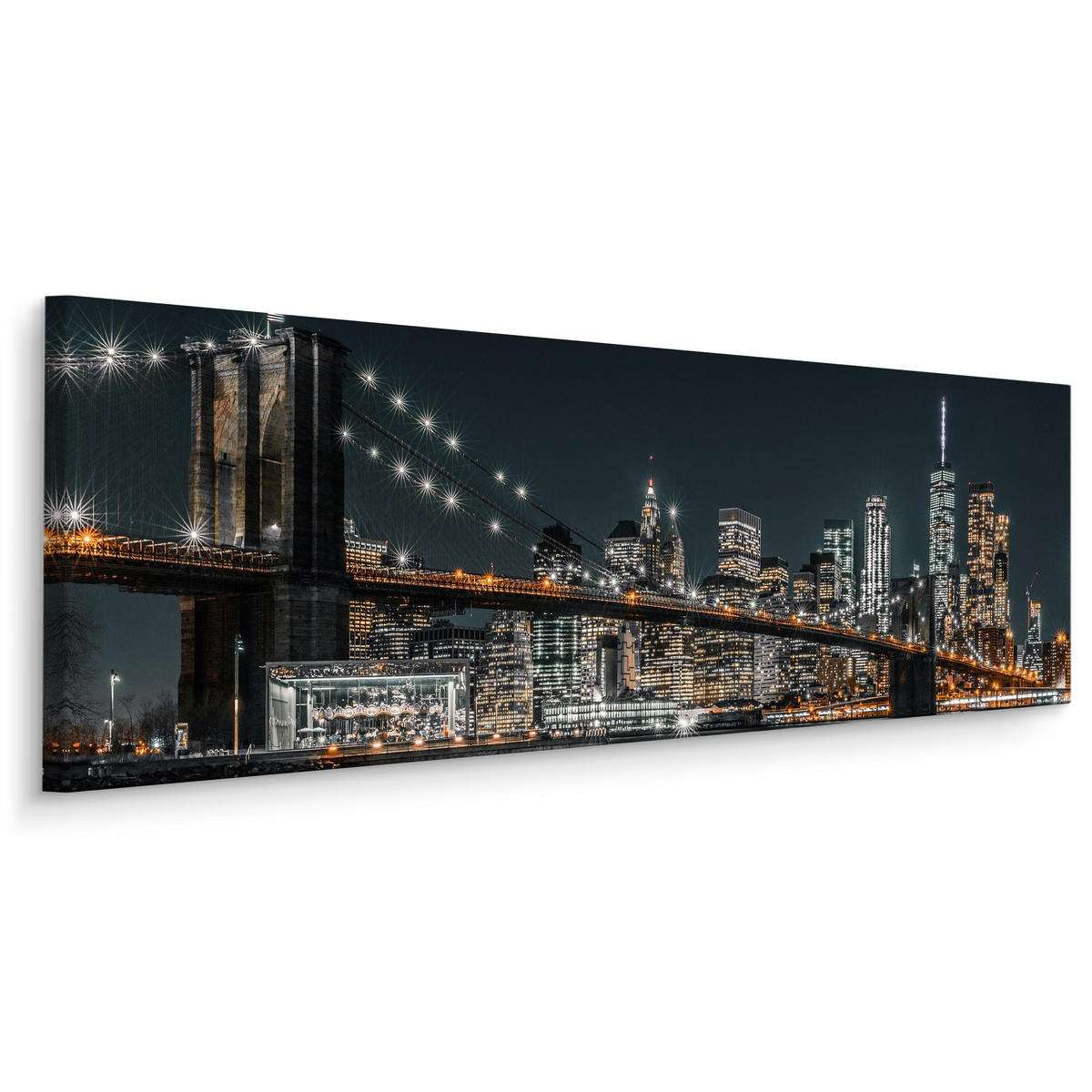 PANORAMABILD New York bei Nacht Architektur 3D 145x45cm - Blau/Beige, Textil (145/45cm) - Muralo