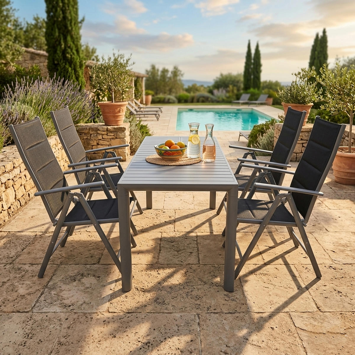 GARTEN-GARNITUR Ashford - 5-teilige Garten-Essgruppe (4x Klappsessel, Aluminium silbergrau + Textilgewebe gepolstert schwarz - Grau, Metall - TPFGarden