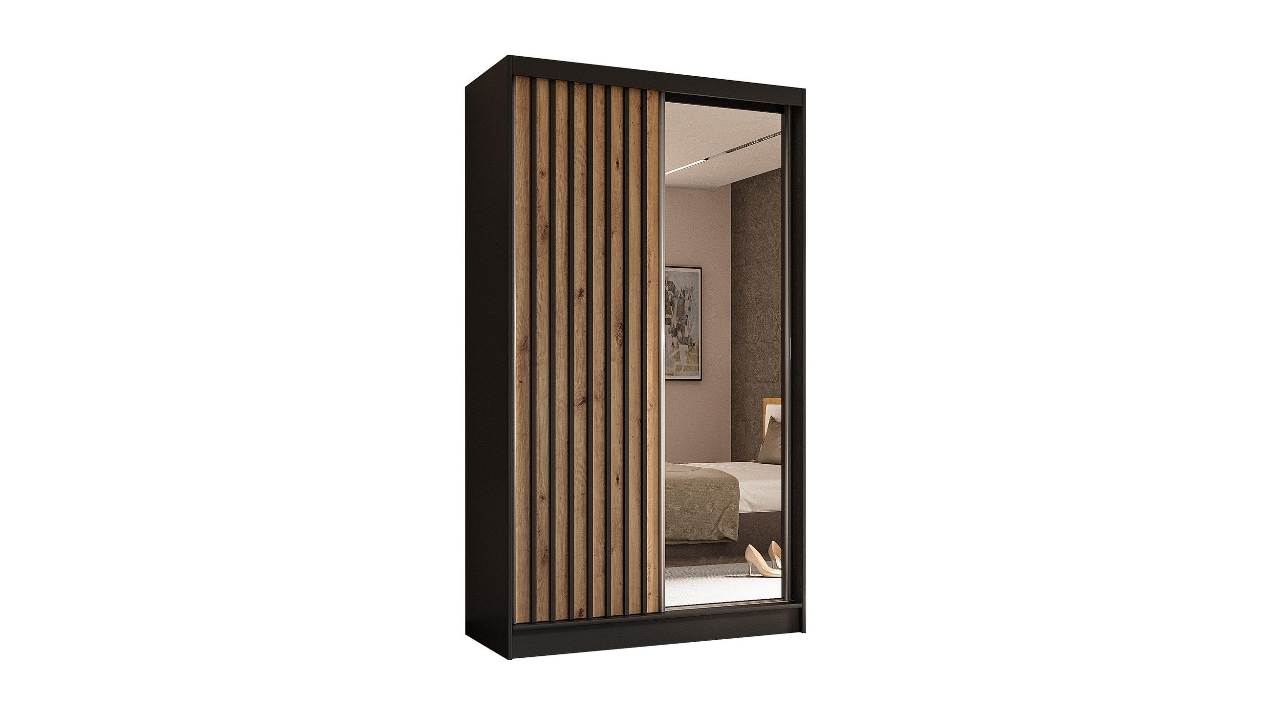 KLEIDERSCHRANK mit Spiegel-Schiebetüren und Aluminium-Leisten, LED-Beleuchtung - LAMELO- 120 cm Schwarz+Artisan+Schwarz - Schwarz, Holzwerkstoff (120/216/61cm) - ALTDECOR