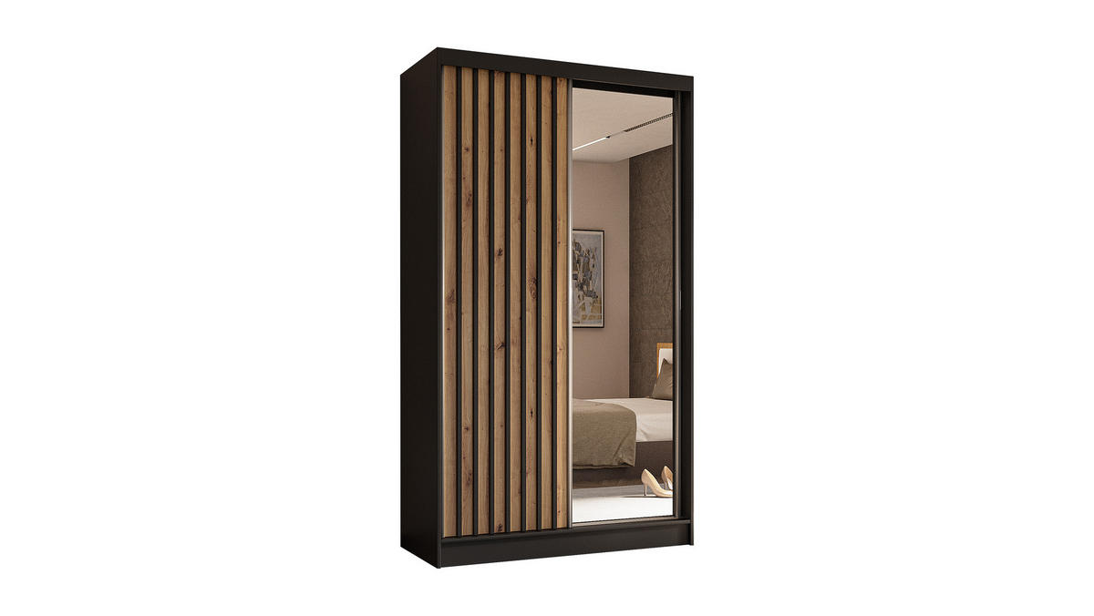 KLEIDERSCHRANK mit Spiegel-Schiebetüren und Aluminium-Leisten, LED-Beleuchtung - LAMELO- 120 cm Schwarz+Artisan+Schwarz - Schwarz, Holzwerkstoff (120/216/61cm) - ALTDECOR
