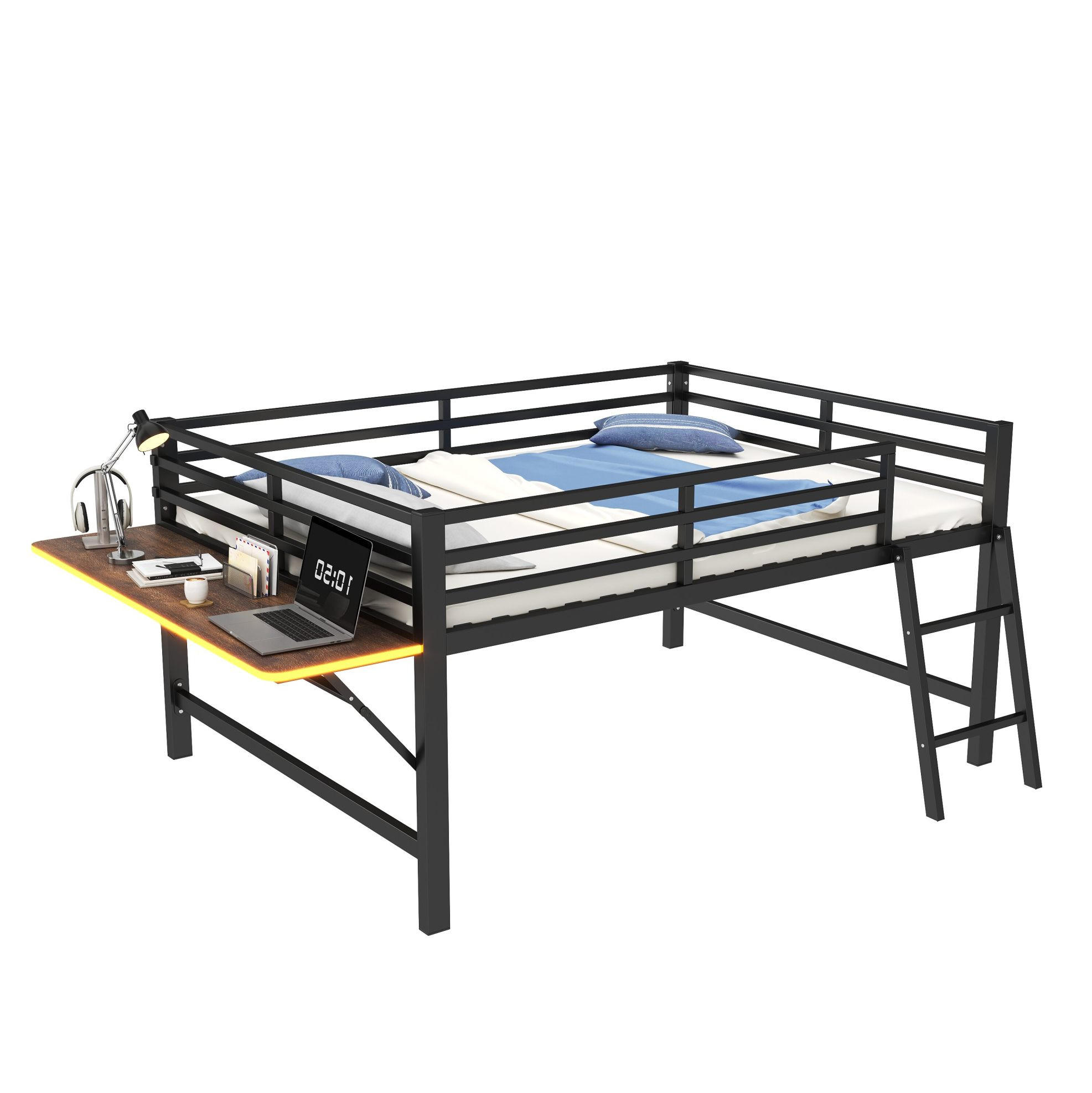 HOCHBETT Metall 140/200 cm mit Leiter, klappbarem Schreibtisch, Geländer und LED-Beleuchtung, Schwarz - Schwarz, Metall (140/200cm) - Redom