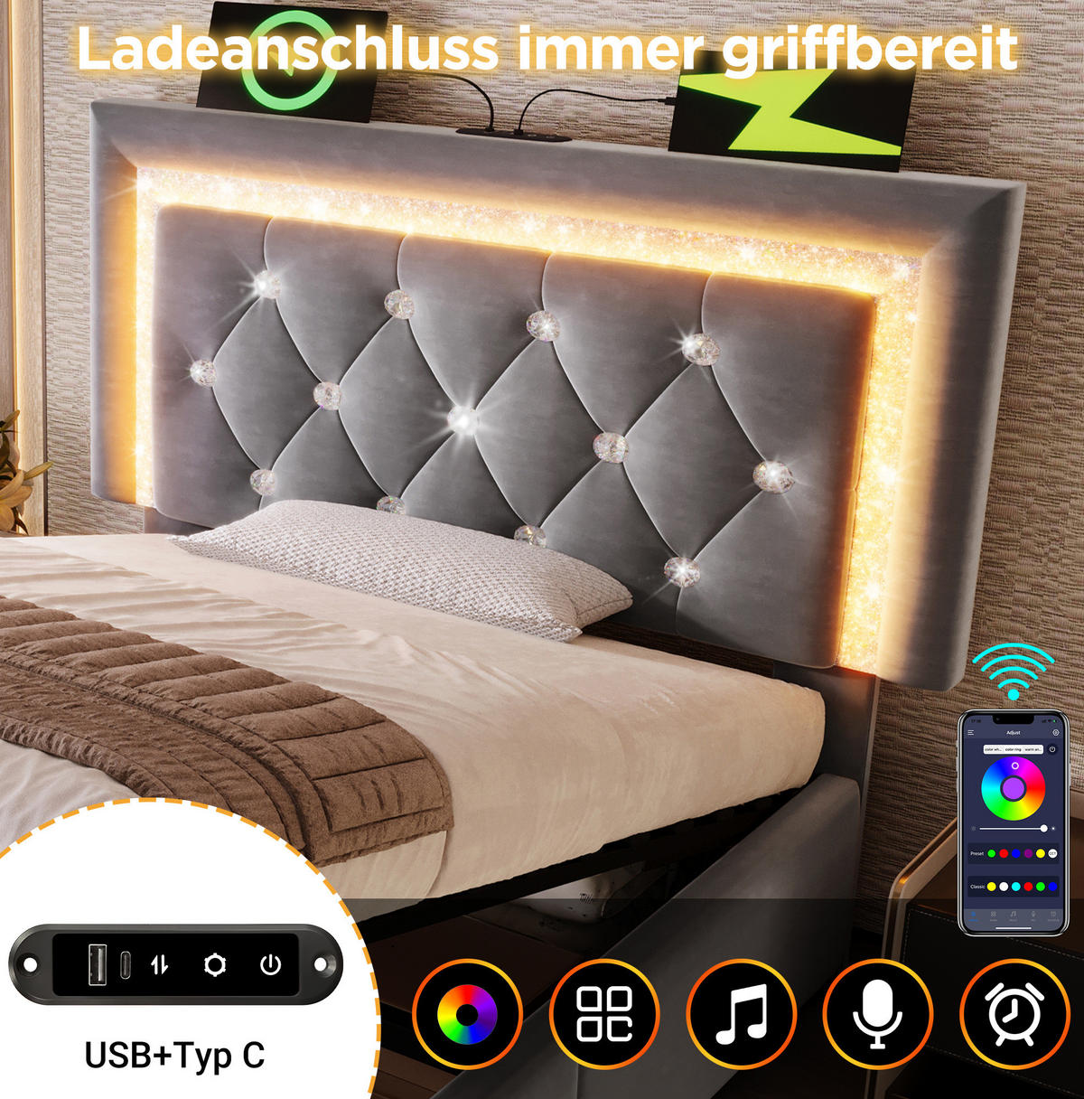 POLSTERBETT 90/200 cm Grau aus Samt mit LED und USB- & Type-C-Anschlüssen - Grau, Textil (90/200cm) - Flora Grace