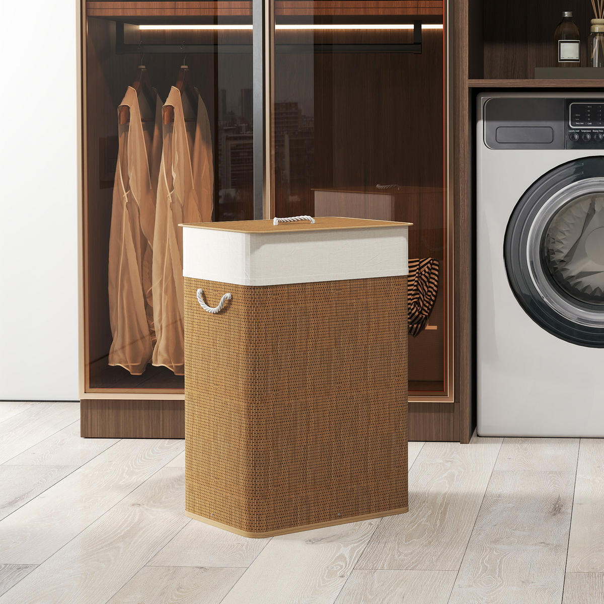 BAMBUS Wäschekorb mit Deckel 72 L Wäschesammler mit Seilgriffen Braun - Braun, Naturmaterialien (30/60/40cm) - HOMCOM