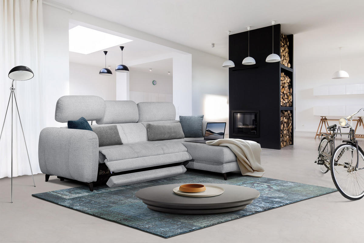 ECKSOFA SVEN 3-Sitzer, 1 Relax XL, verstellbare Kopfstützen, hellgrau - Hellgrau/Schwarz, Holzwerkstoff/Textil (256/163cm) - Courtois Laville