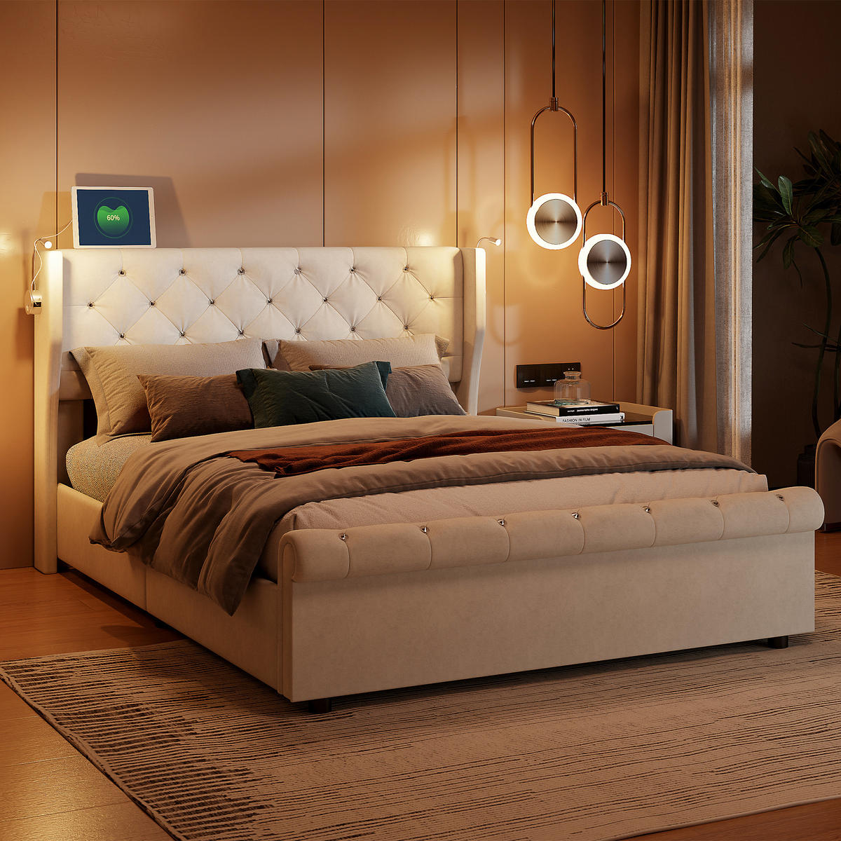 POLSTERBETT 160x200 cm, Beige, Leselichte und USB - Beige, Textil/Metall (160/200cm)