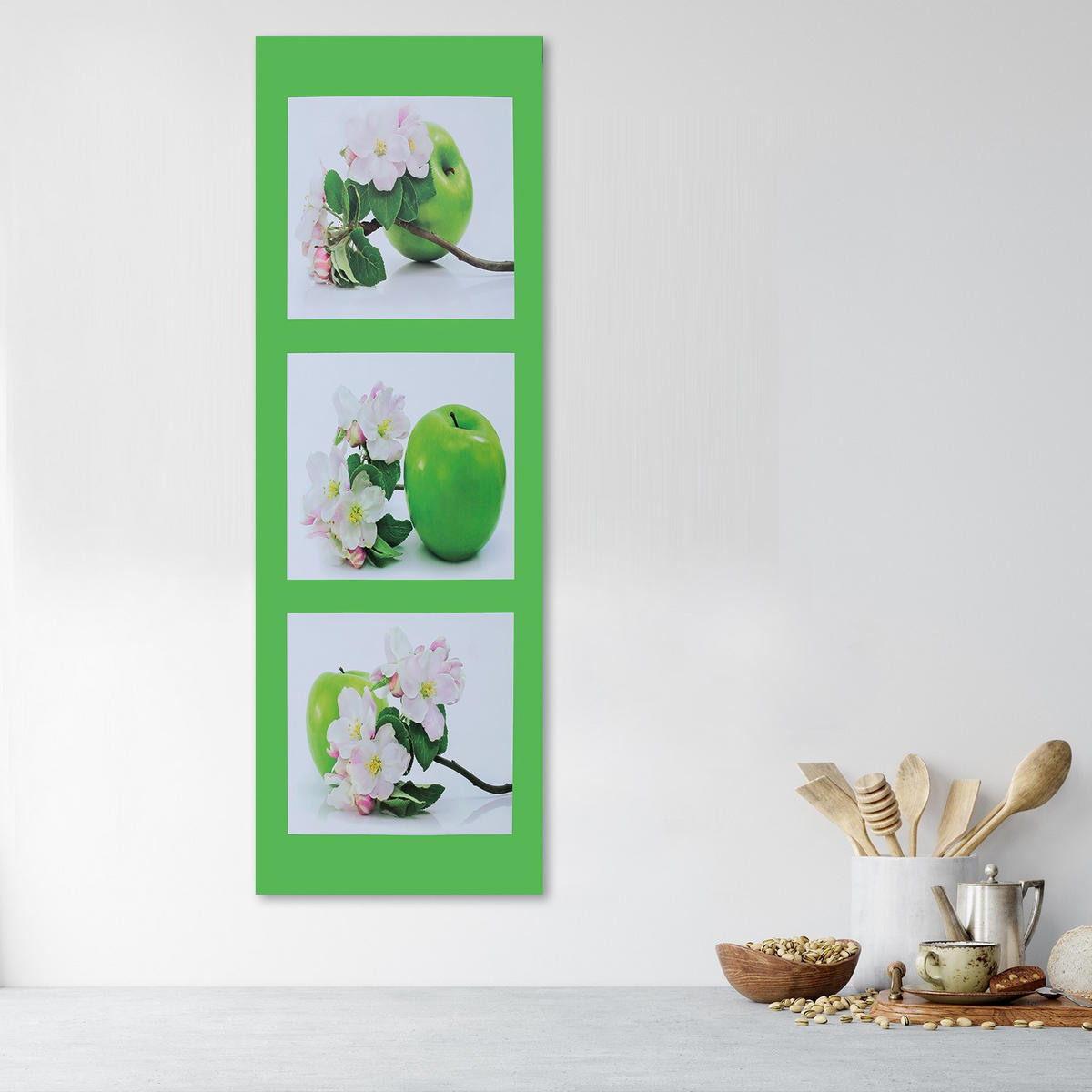 WANDBILD grüner apfel und blumen - Grün, Textil (30/90cm) - Feeby