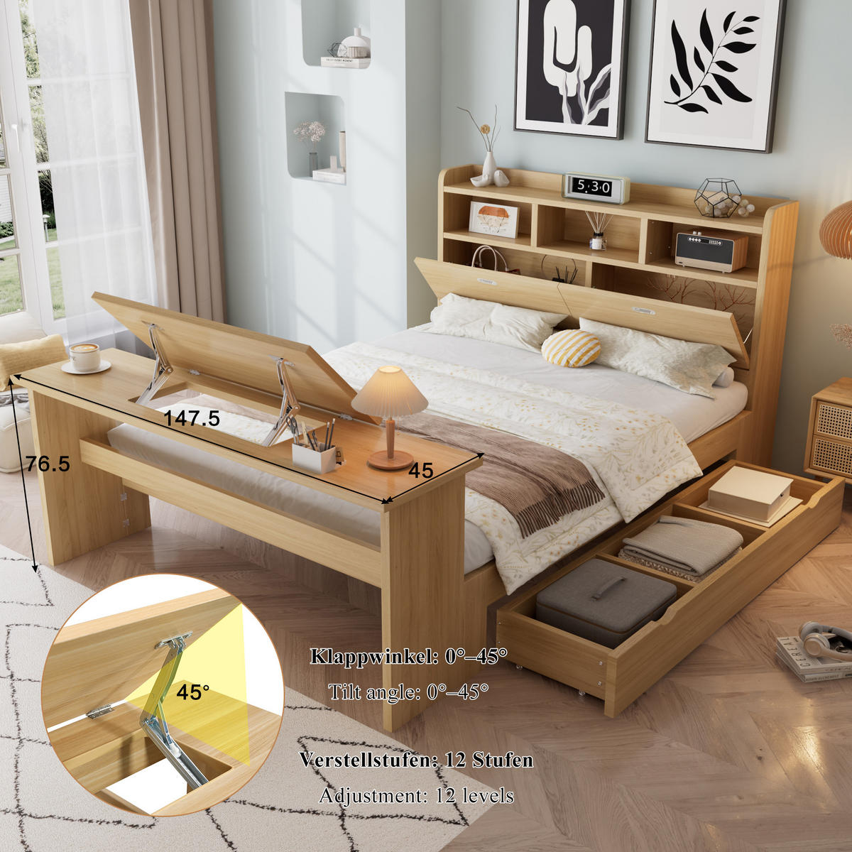 JUGENDBETT 140/200 cm in Naturfarben mit Stauraum, Kopfteilregal und Klapptisch aus Holz - Naturfarben, Holzwerkstoff - STILVORA