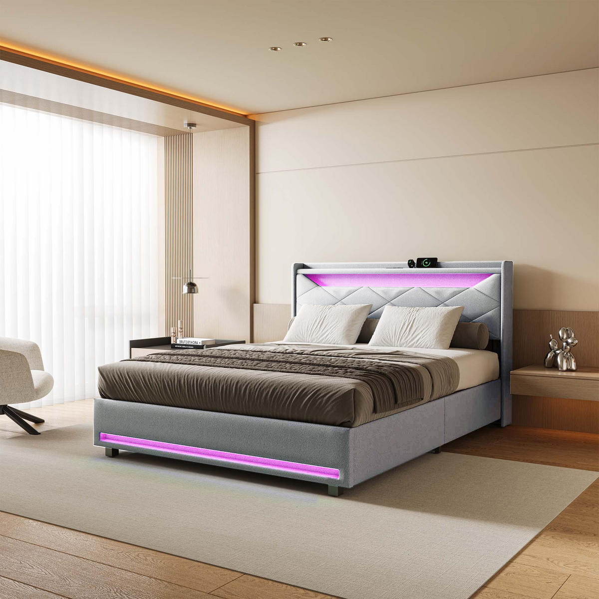 POLSTERBETT 140x200 cm LED Stauraum Lattenrost gepolstert grau - Grau, Holz (140/200cm) - LEBENLANG