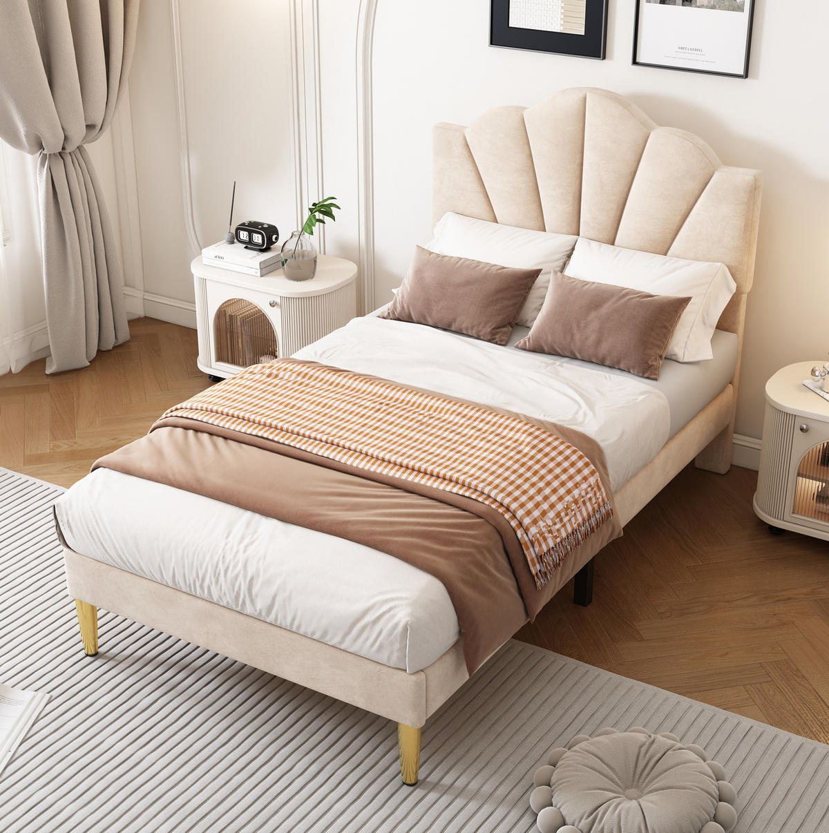 POLSTERBETT 90/200 cm Beige aus Samt mit verstellbarem Kopfteil - Beige, Textil (90/200cm) - Flora Grace
