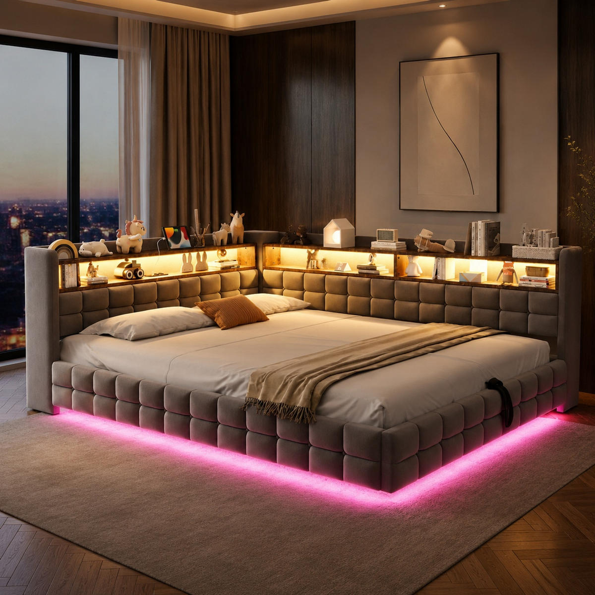 POLSTERBETT 140/200 mit Bettkasten, LED, USB und Type-C-Ladeanschlüssen in Hellgrau - Grau, Holzwerkstoff/Textil (140/200cm) - EVRYAE