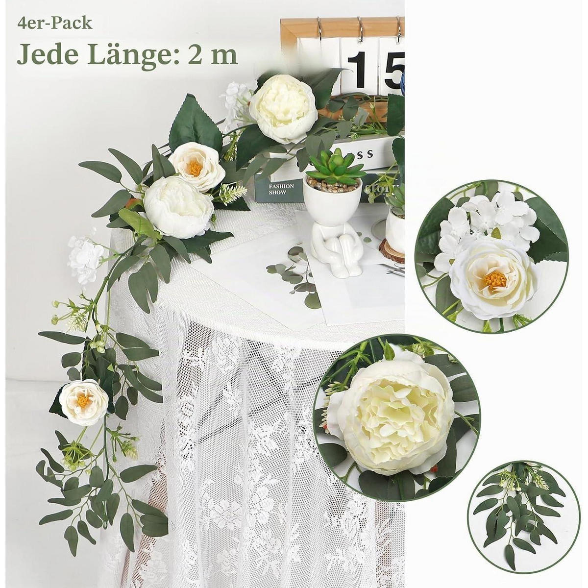 KÜNSTLICHE Blumen Girlande Eukalyptus Pfingstrose 200 cm 2 Stück Set Weiß - Weiß, Kunststoff (10cm)