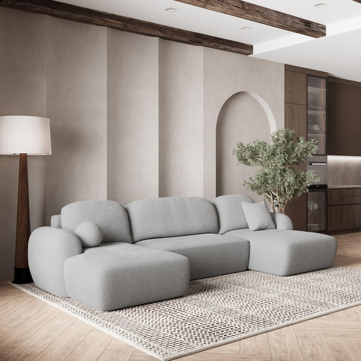 WOHNLANDSCHAFT SAVONA N Hellgrau Boucle-Stoff mit Schlaffunktion - Hellgrau, Holz (350/90/148cm) - MASSENO