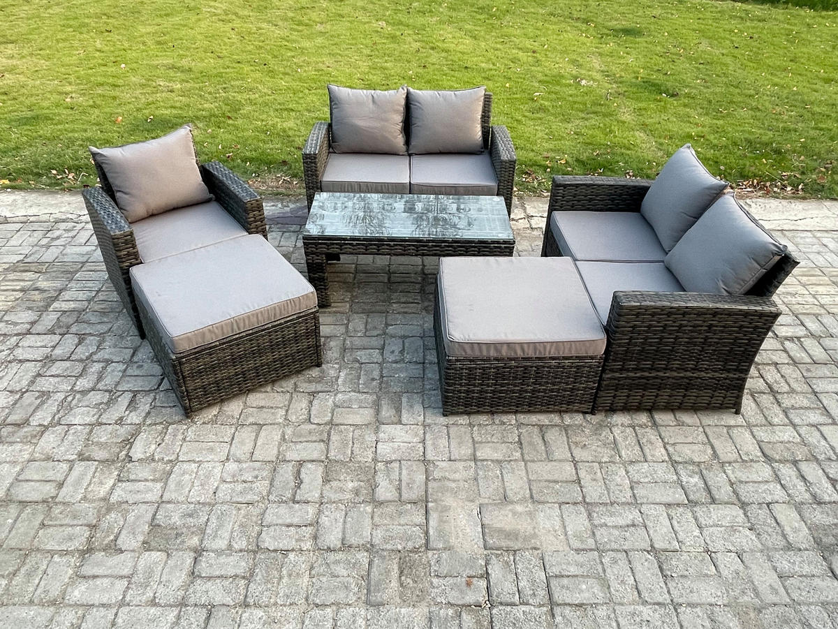 GARTENMÖBEL-SET mit Kissen Polyrattan Dunkelgrau 7-Sitzer - Dunkelgrau, Metall - Fimous