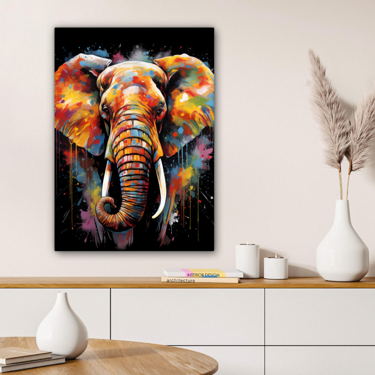 LEINWANDBILD Elefant - Graffiti - Schwarz - Tiere - Farben 60x80 cm - Schwarz, Textil (60/80cm) - MuchoWow