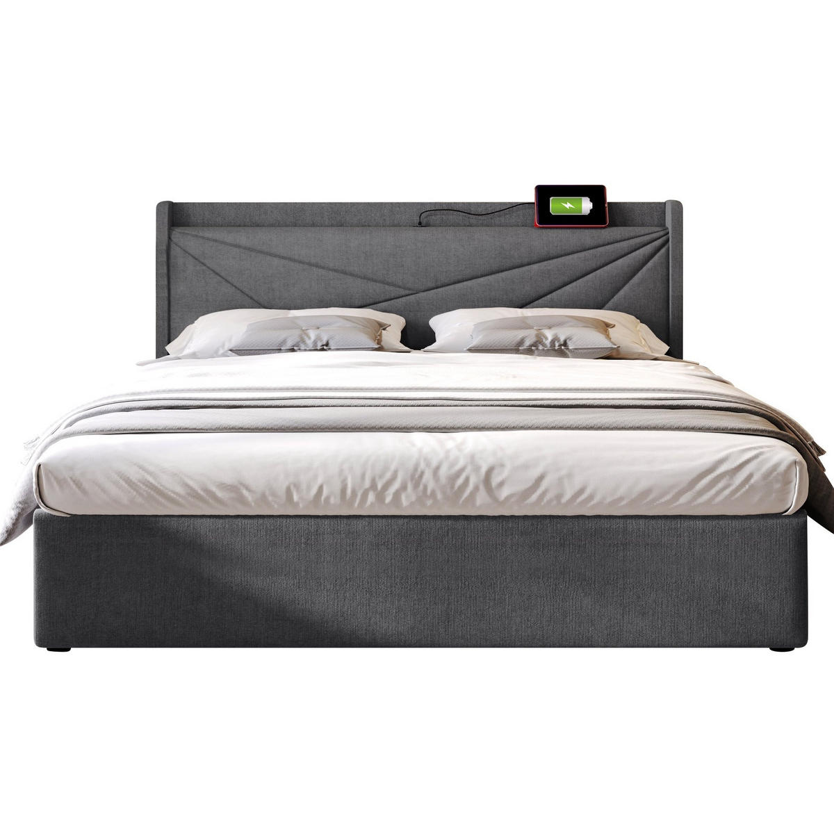 TAPECIRANI bračni krevet 180/200 cm sivi od pamučnog lana s prostorom za odlaganje i USB Type-C - siva, tekstil (180/200cm) - OKWISH