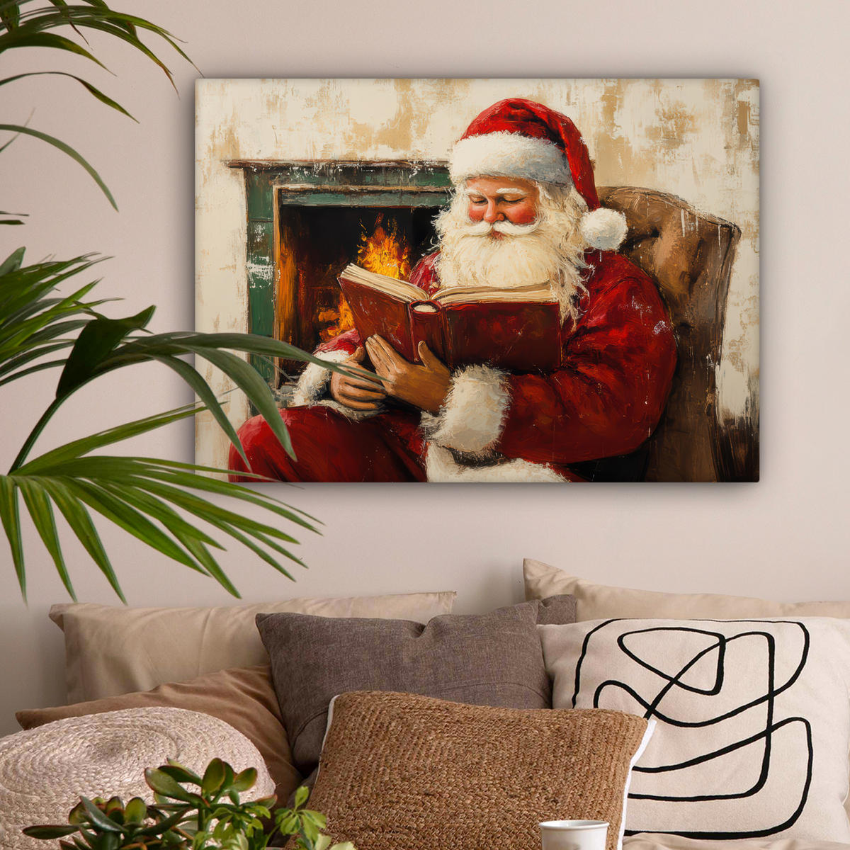 LEINWANDBILD Weihnachten - Weihnachtsmann - Winter - Open Fireside Wandbilder 80x60 cm - Dunkelrot, Textil (80/60cm) - MuchoWow