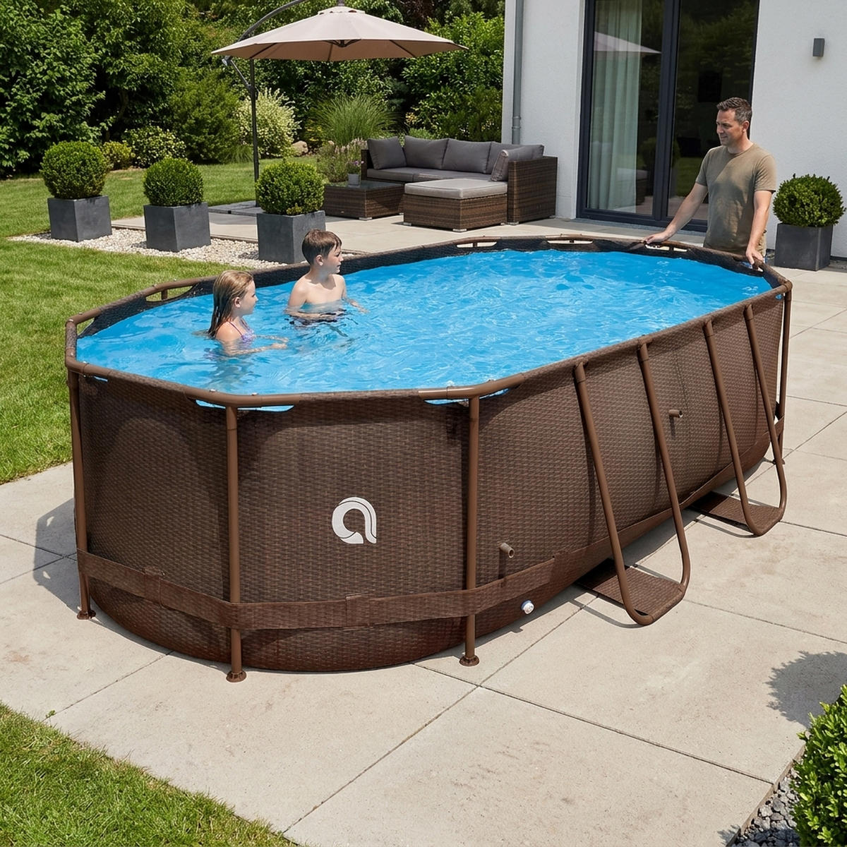 POOL Komplettset Framepool oval 427x275x100 cm rattan-braun mit Filterpumpe - Braun, Kunststoff/Metall (275/100/427cm) - Avenli
