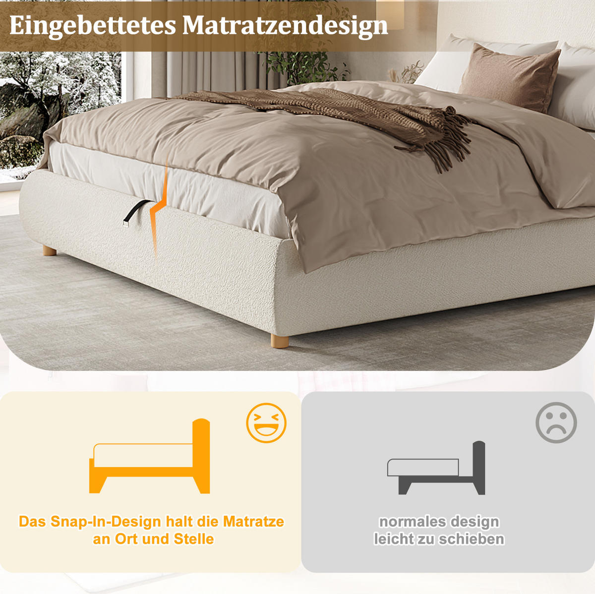POLSTERBETT 180/200 cm mit hydraulischem Bettkasten, Lattenrost und Bouclé-Bezug, Weiß - Weiß, Holzwerkstoff (180/200cm) - Redom