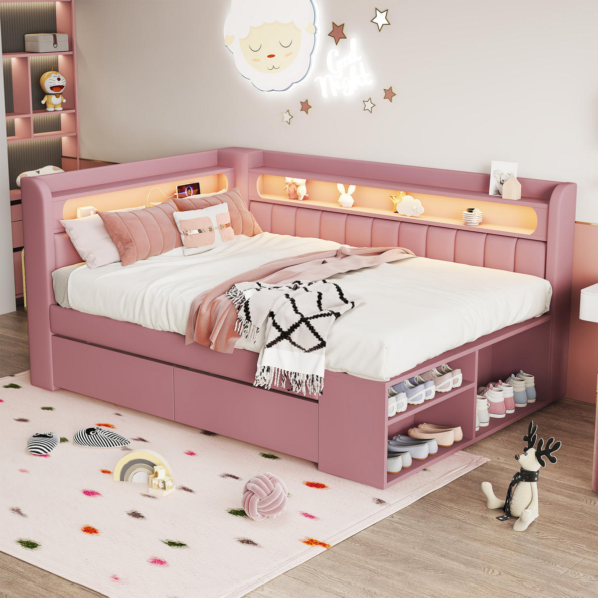 JUGENDBETT 90/200 mit LED, USB, 2 Schubladen und Schuhschrank in Rosa - Rosa, Holzwerkstoff/Textil (90/200cm) - EVRYAE