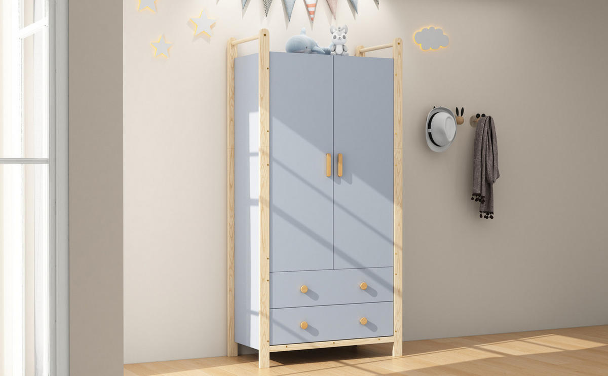 KLEIDERSCHRANK 89,6/44/180,5 cm blau/khaki aus Holzwerkstoff und Kiefer mit Kleiderstange und 2 Schubladen - Blau, Holzwerkstoff (44/180.5/89.6cm) - OKWISH