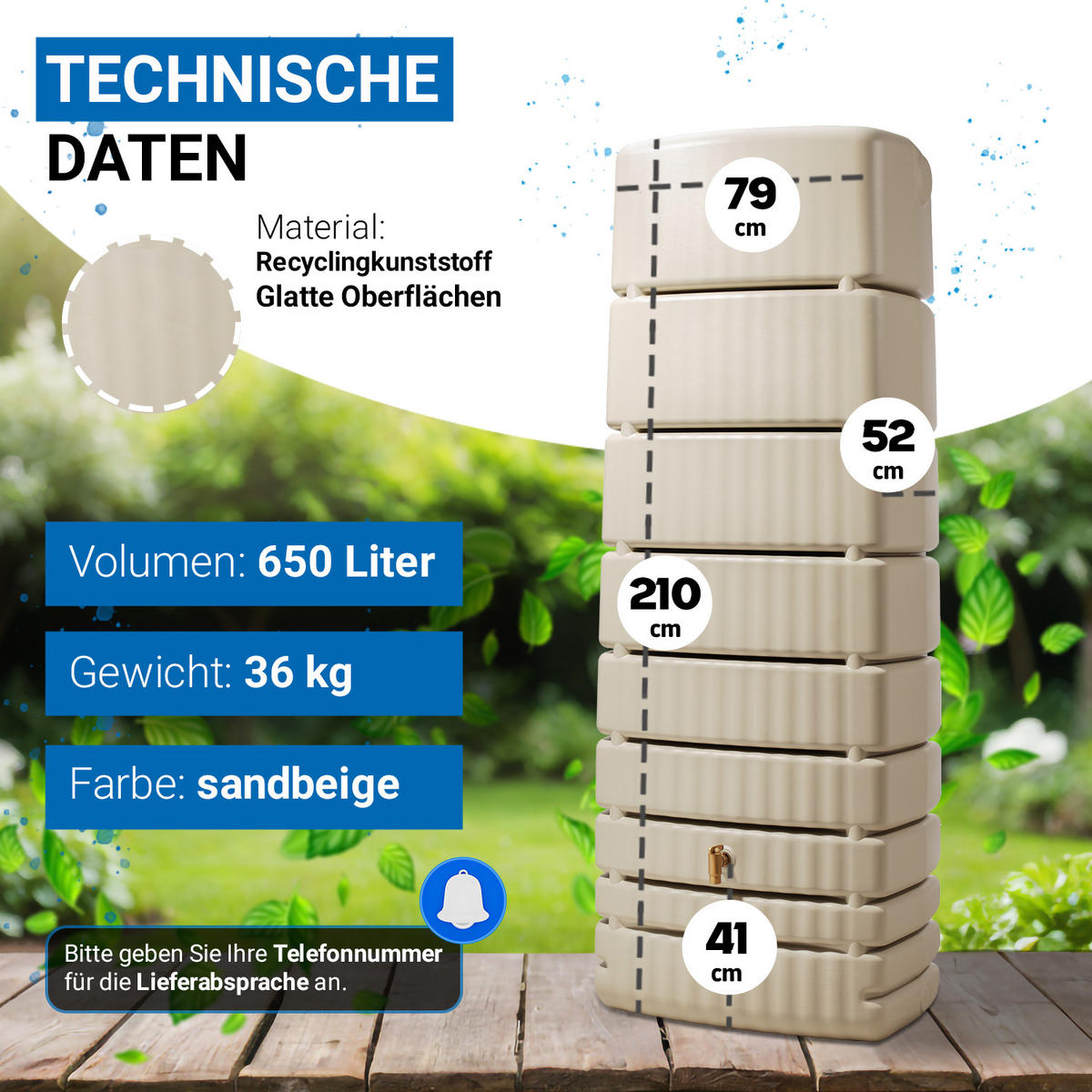 WANDTANK Komplett-Set 650 L sandbeige inkl. Kunststoff-Auslaufhahn und Fallrohranschluss - Sandfarben, Kunststoff (79/210/52cm) - 4rain