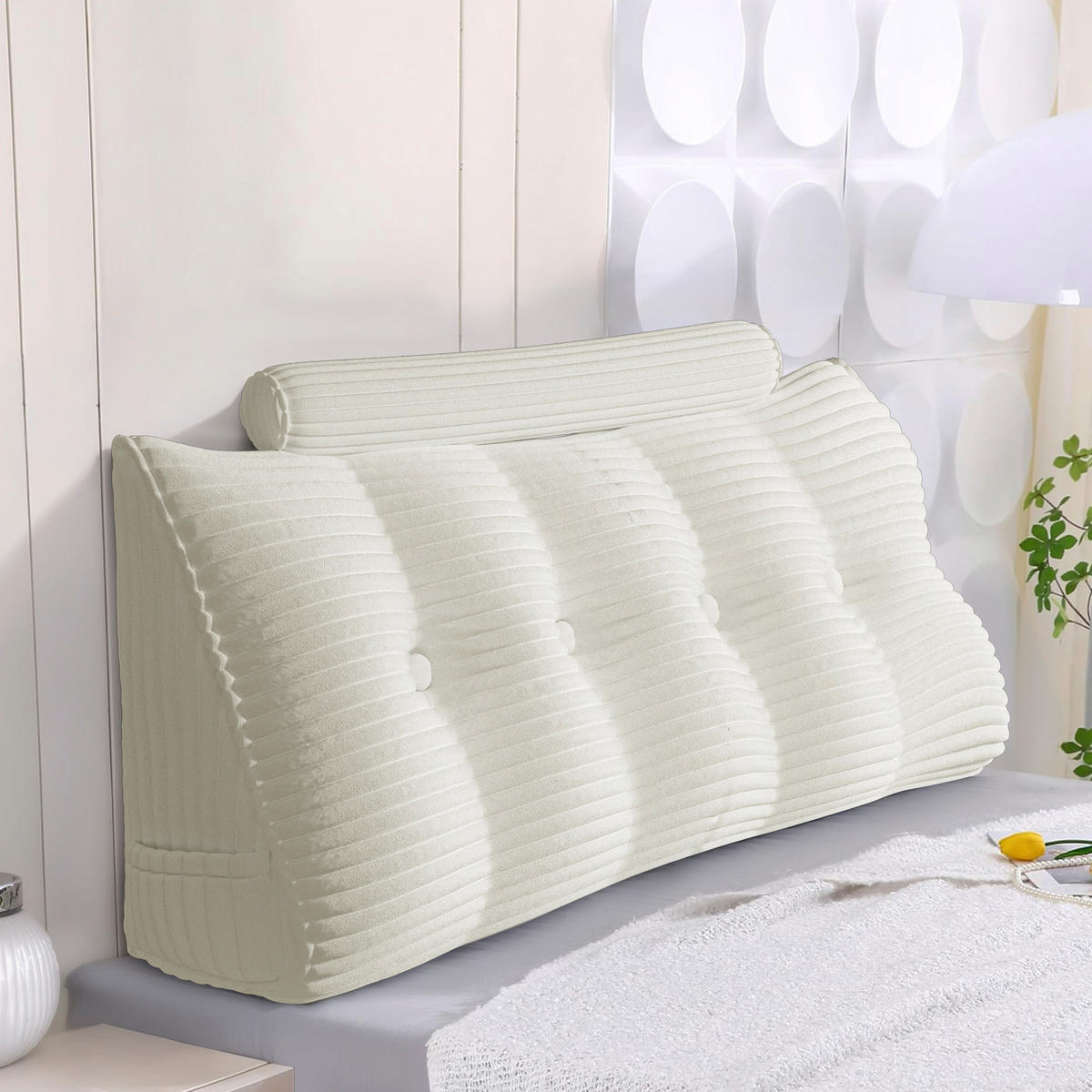 KEILKISSEN mit einem runden Kissen 2er-Set Gestreifter Samt Weiß 140cm - Weiß, Textil (20/140cm) - Vercart