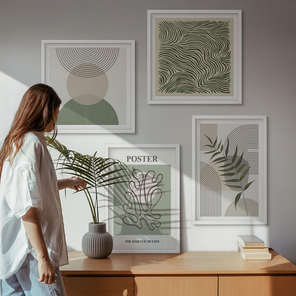 WANDBILDER 4er-Set - 50x50 cm & 40x60 cm Weißer Rahmen - Geometrische botanische Muster - Weiß, Kunststoff (50/50cm) - ArtPrintCave