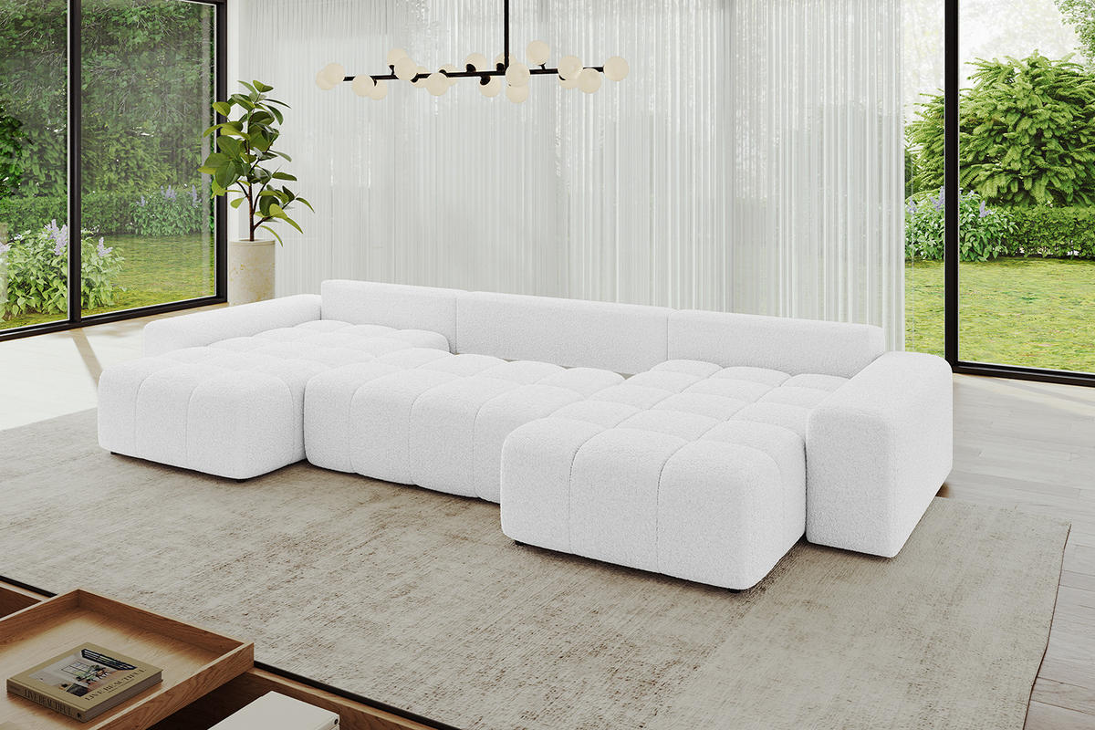 WOHNLANDSCHAFT ENIL-U 390x175x84 Weiß Bouclé - Weiß, Holzwerkstoff/Kunststoff (390/84/175cm) - ALTDECOR