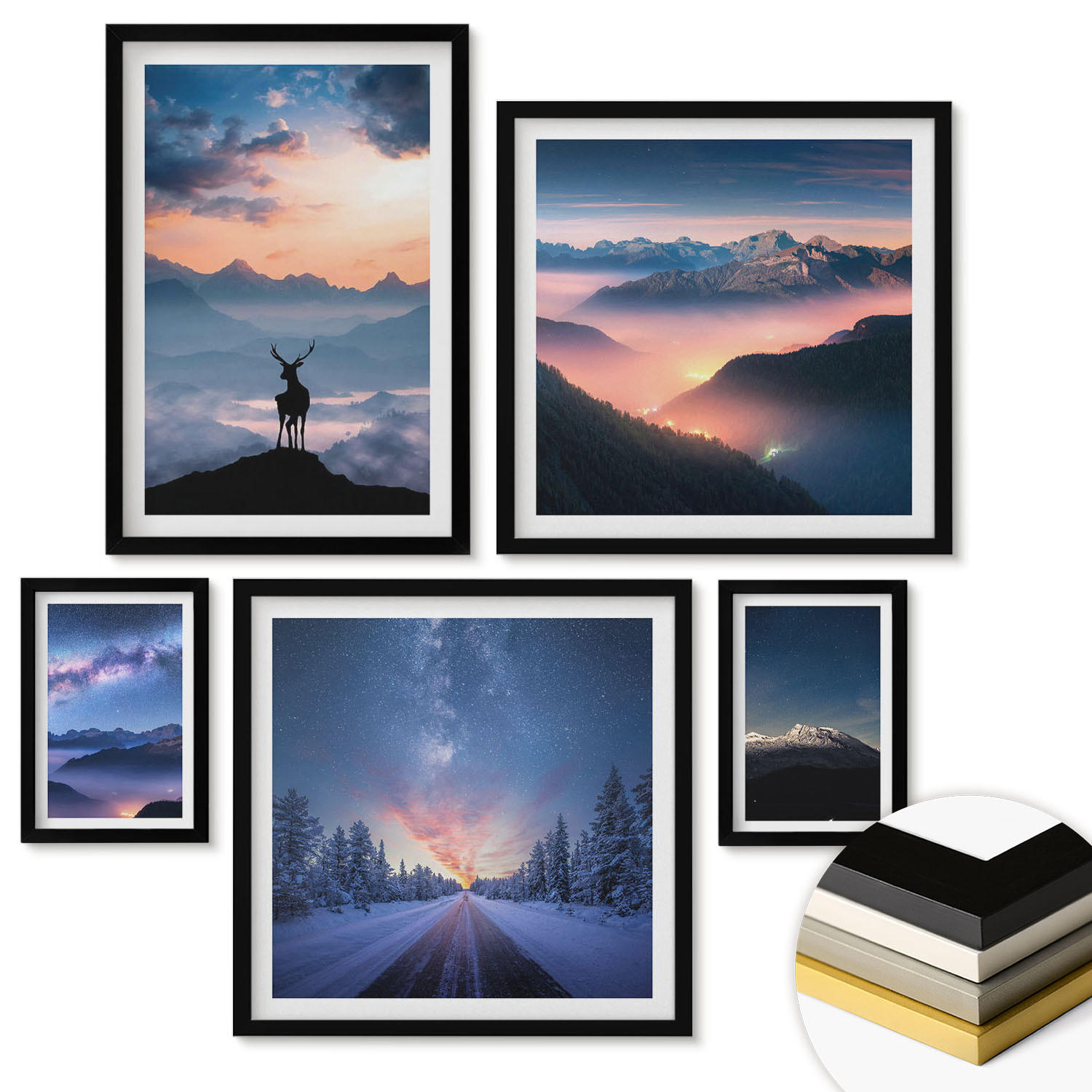 WANDBILDER 5er-Set - 50x50 cm & 20x30 cm & 40x60 cm Schwarzer Rahmen - Nachthimmel Berge Nebel Hirsch - Schwarz, Kunststoff (40/60cm) - ArtPrintCave