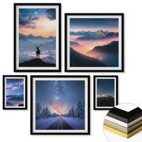 WANDBILDER 5er-Set - 50x50 cm & 20x30 cm & 40x60 cm Schwarzer Rahmen - Nachthimmel Berge Nebel Hirsch - Schwarz, Kunststoff (40/60cm) - ArtPrintCave