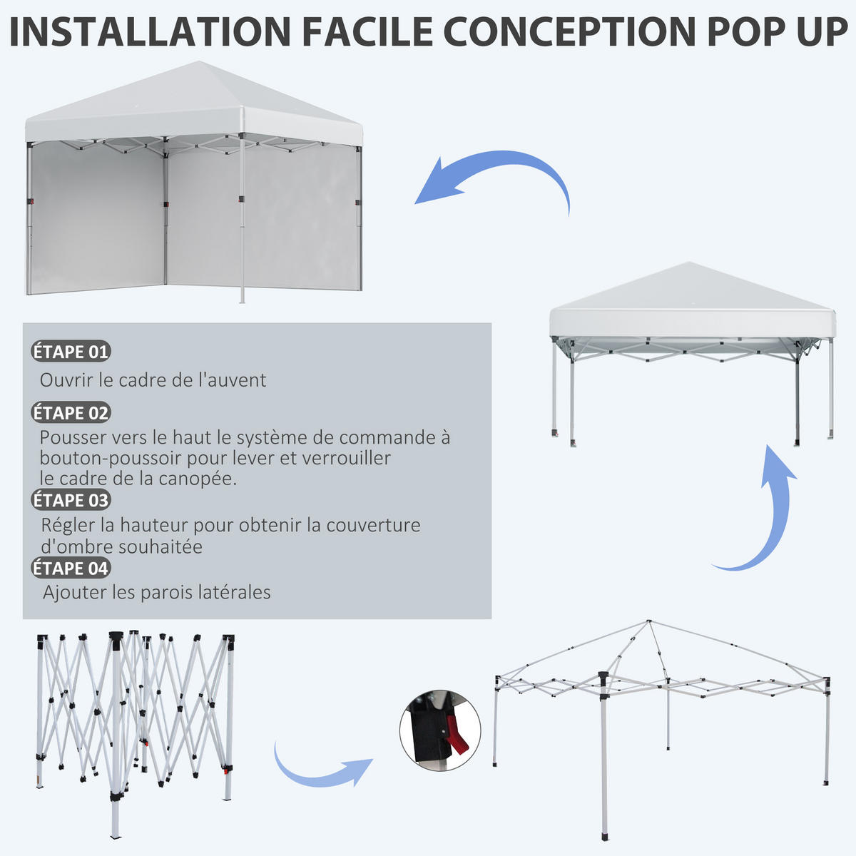 PAVILLON DE-13961 Pop-up 3/3 m, höhenverstellbar UV30+ - Hellgrau, Textil (297/288/297cm) - ComfortXL