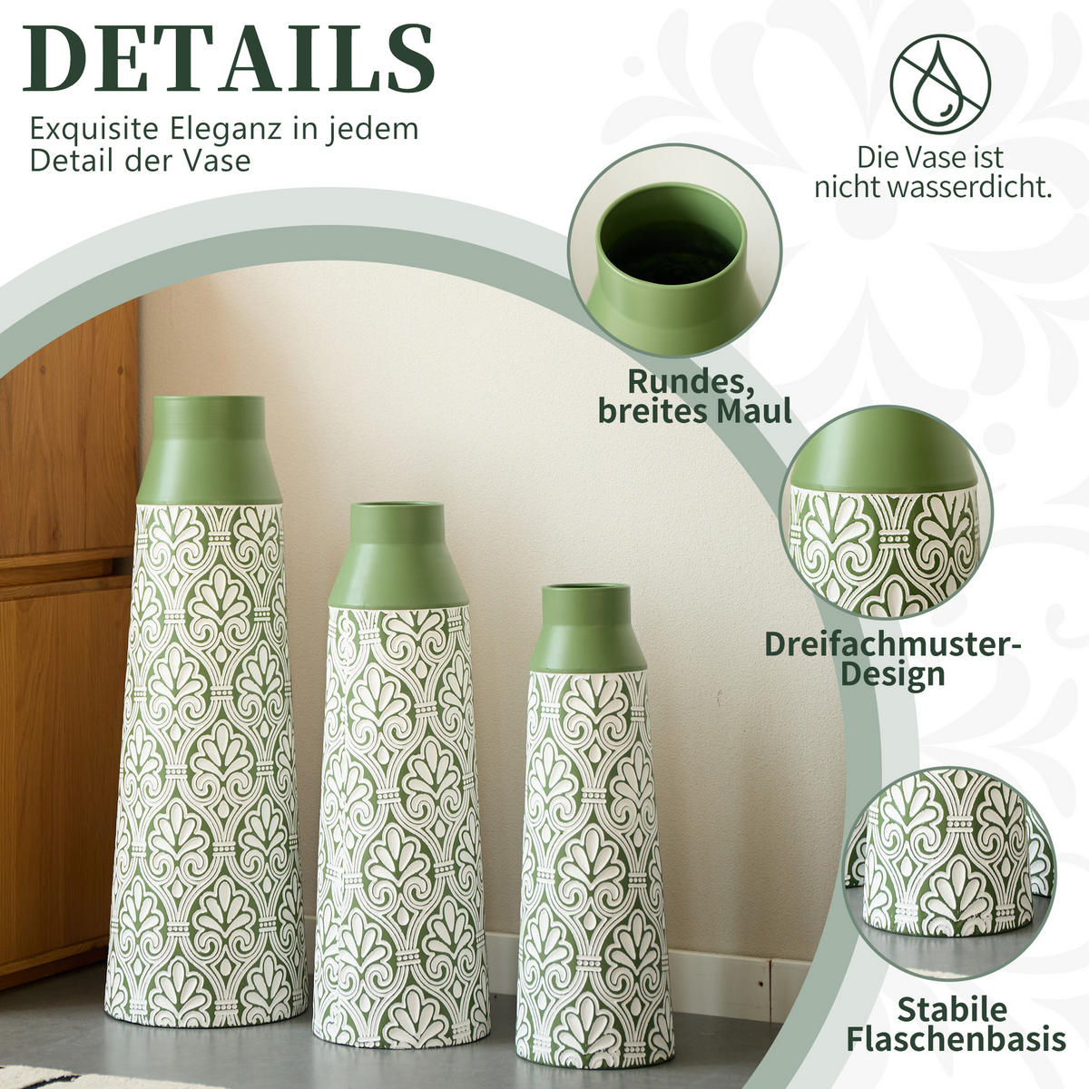 BODENVASE 3-tlg 61,5/51/43,5cm-Grüne Retro Metall Bodenvase für Trockenblumen Pampasgras - Grün, Metall (66.15cm) - Raelunyi