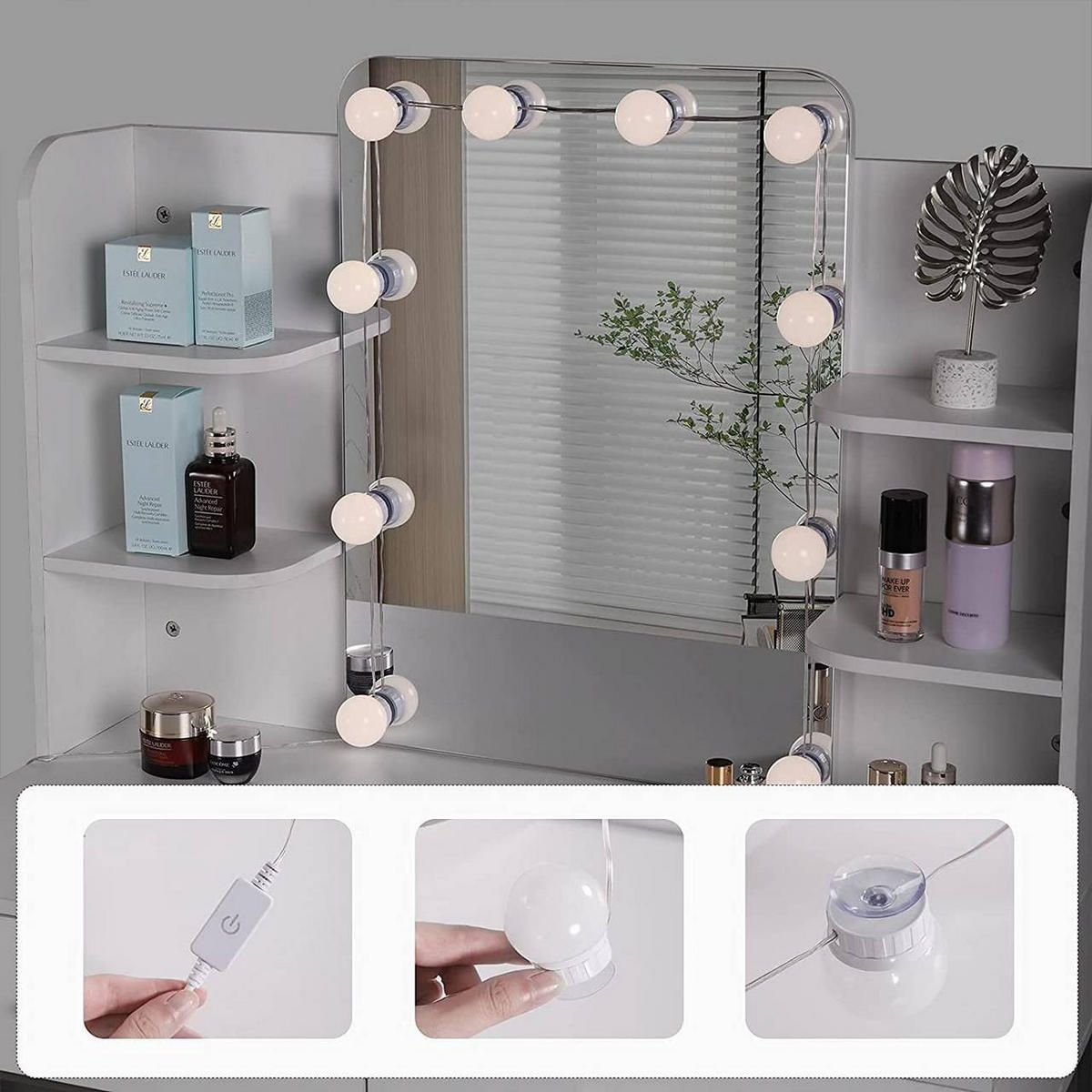 SCHMINKTISCH mit Spiegel LED-Beleuchtung, Metall, Weiß Gold - Goldfarben/Weiß, Holzwerkstoff/Metall (90/136/45cm) - Woltu