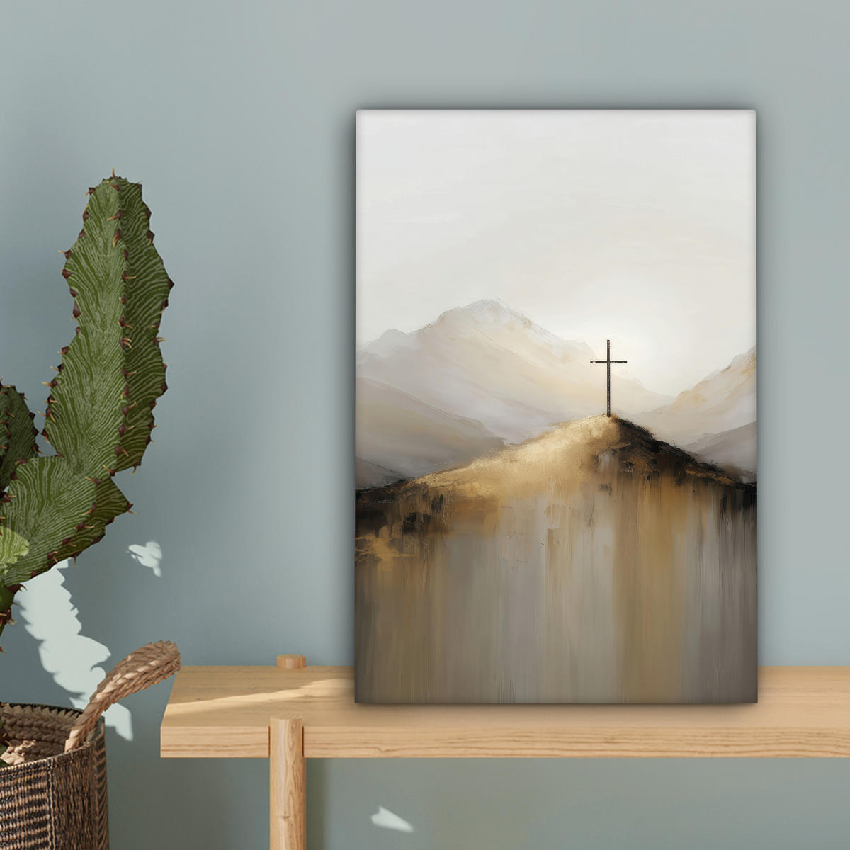 LEINWANDBILD Hügel - Abstrakt - Kreuz - Christentum Deko Wohnzimmer 20x30 cm - Beige, Textil (20/30cm) - MuchoWow