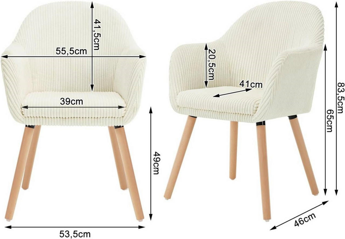 ESSZIMMERSTUHL 2er Set Polsterstuhl, Cord, Holzbeine, Creme - Eichefarben/Creme, Holz/Kunststoff (55.5/83.5/56.5cm) - Woltu