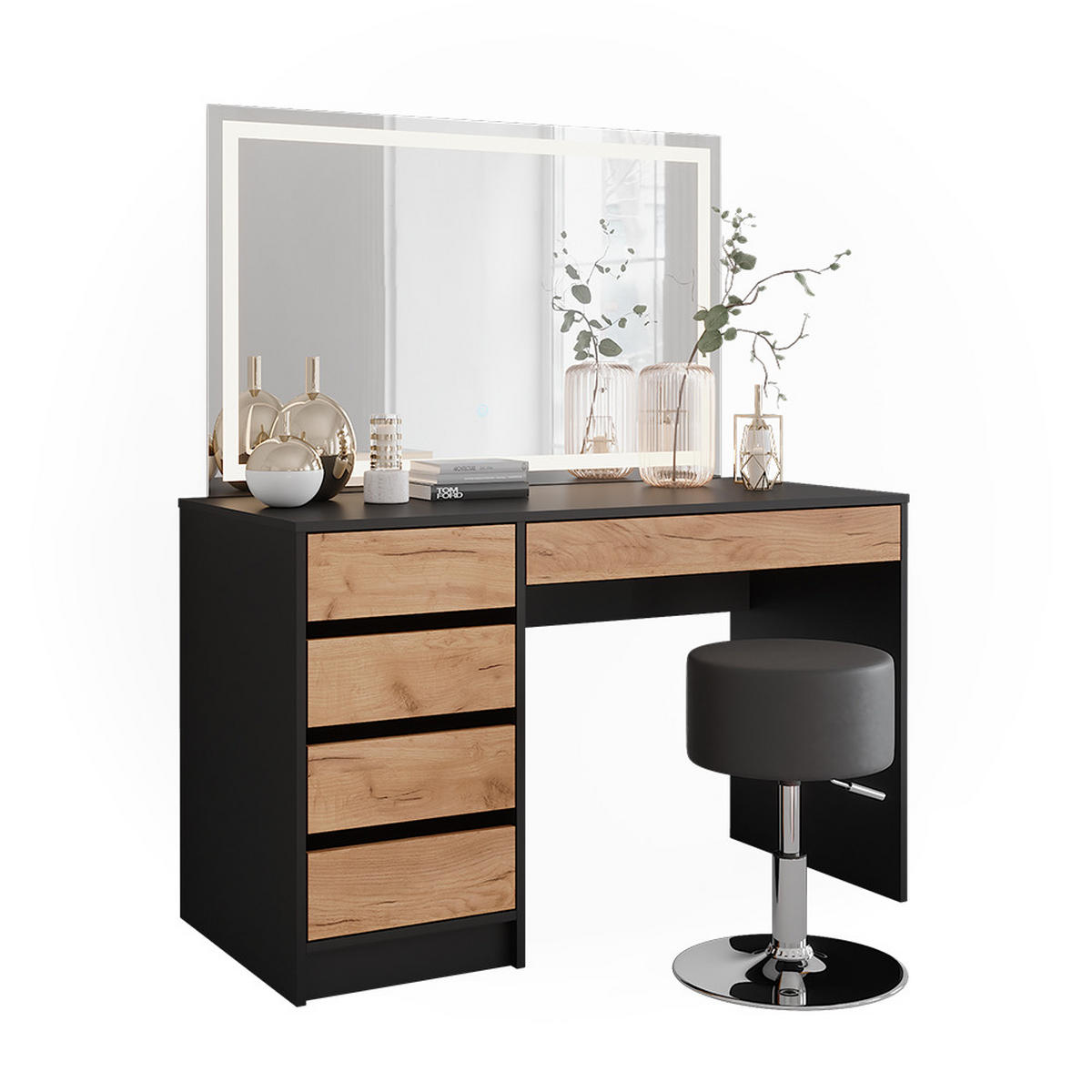 SCHMINKTISCH Sherry Anthrazit/Goldkraft Eiche 120 x 75 cm mit LED-Spiegel und Hocker - Honigeiche/Anthrazit, Holzwerkstoff (120/75/55cm) - Vicco