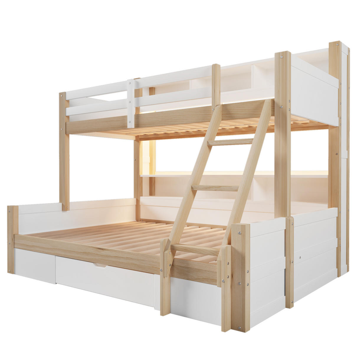 ETAGENBETT 90/200 + 140/200 cm mit LED-Beleuchtung, flexibler Leiter, Stauraum und Bettgitter, Kiefer Massivholz, Weiß/Natur - Weiß, Holz (90/200cm) - Redom