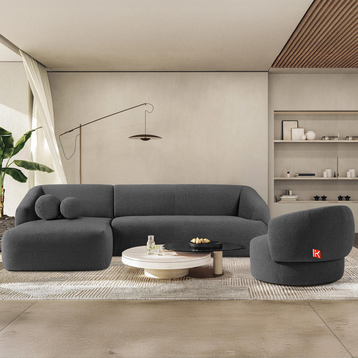 ECKSOFA LINKS VIRA, Dunkelgrau, Bouclé - Dunkelgrau/Schwarz, Holz/Holzwerkstoff (300/160cm) - KONSIMO®