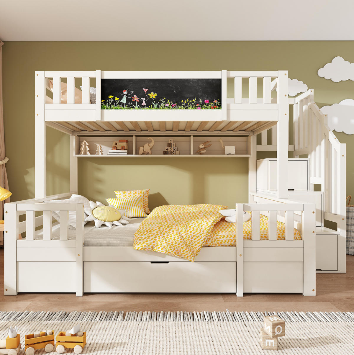 ETAGENBETT 90/200 & 140/200 cm mit Kreidetafel, Leiterschrank und Schubladen aus Massivholz, Weiß - Weiß, Holzwerkstoff (90/200cm) - Redom